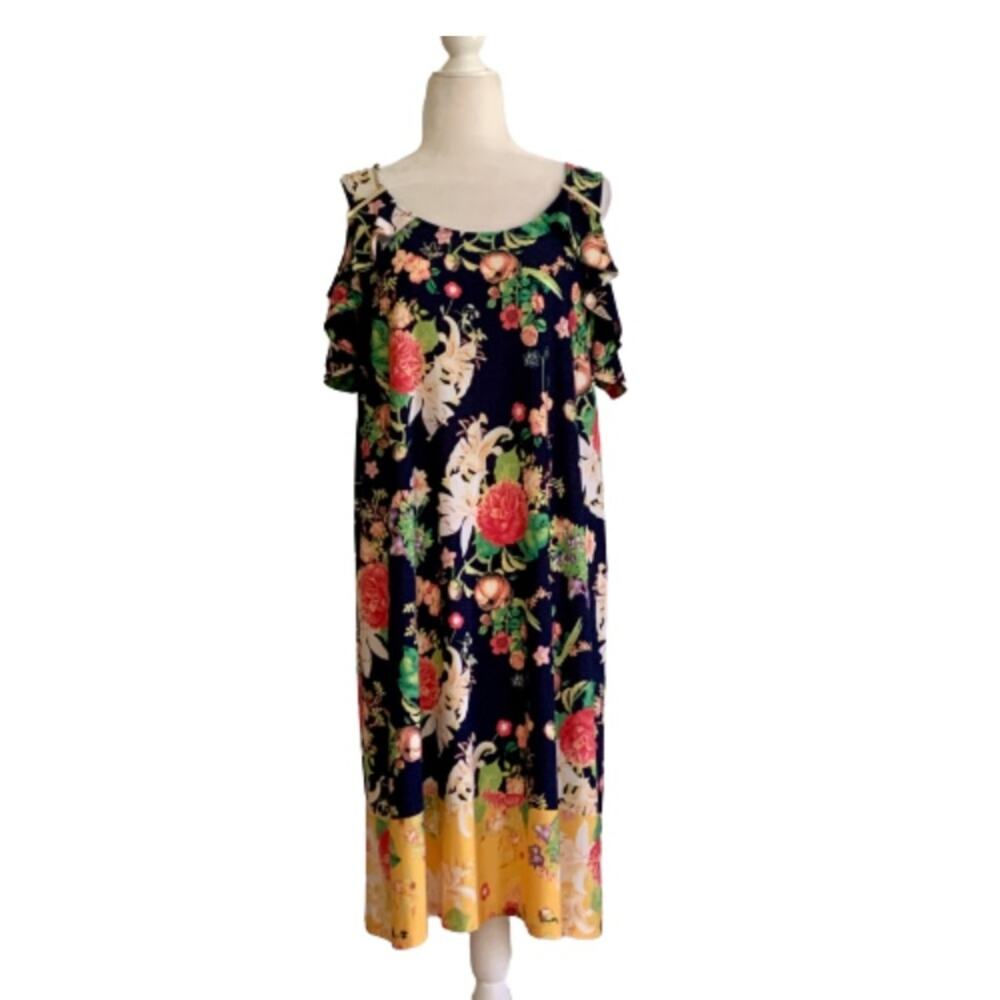 Rafaella Dress Blue Pink Yellow Floral Cold Shoulder Short Sleeve Dress Large